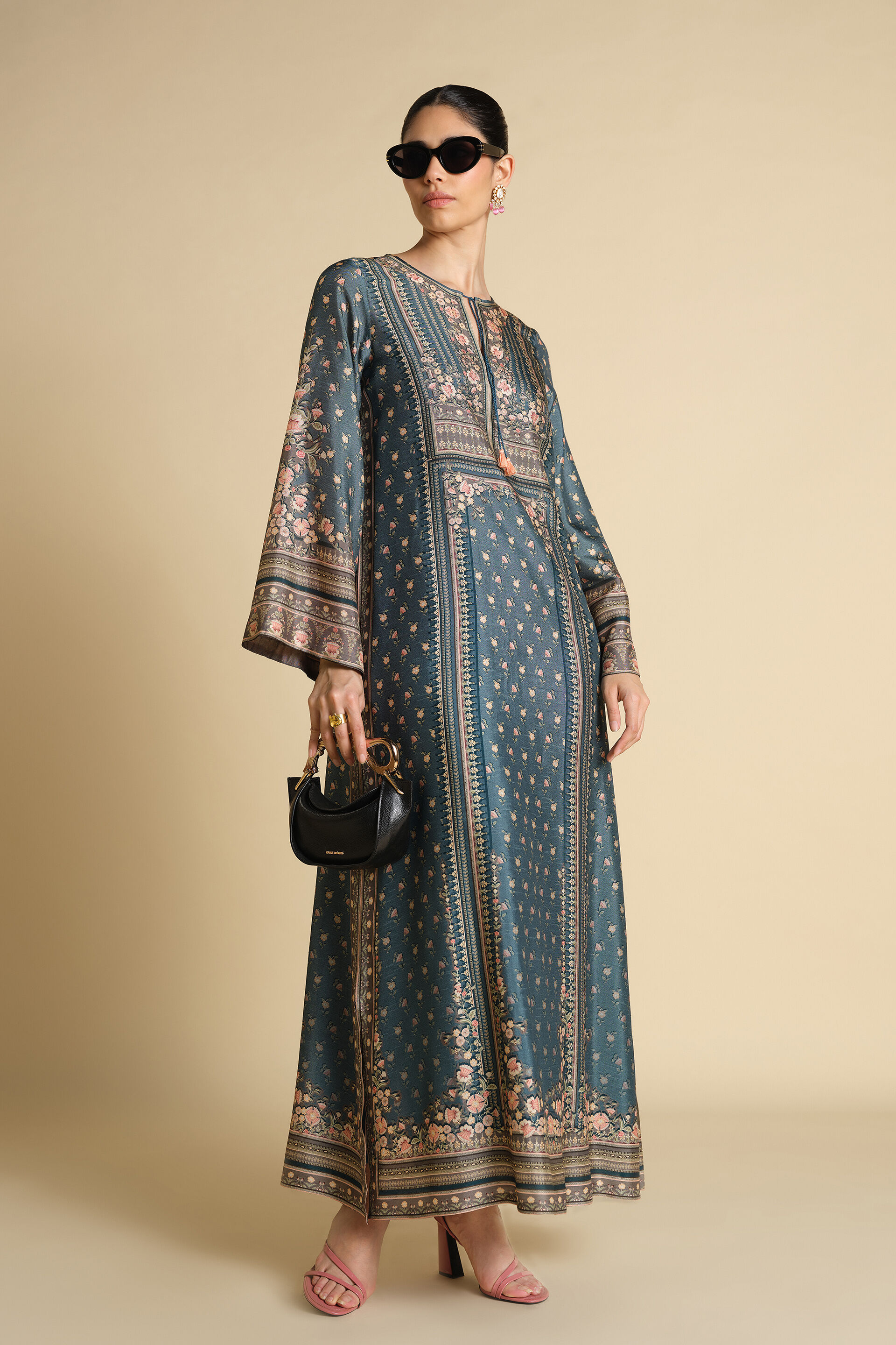 Yazhini Printed Silk Kaftan - Blue, Blue, image 4